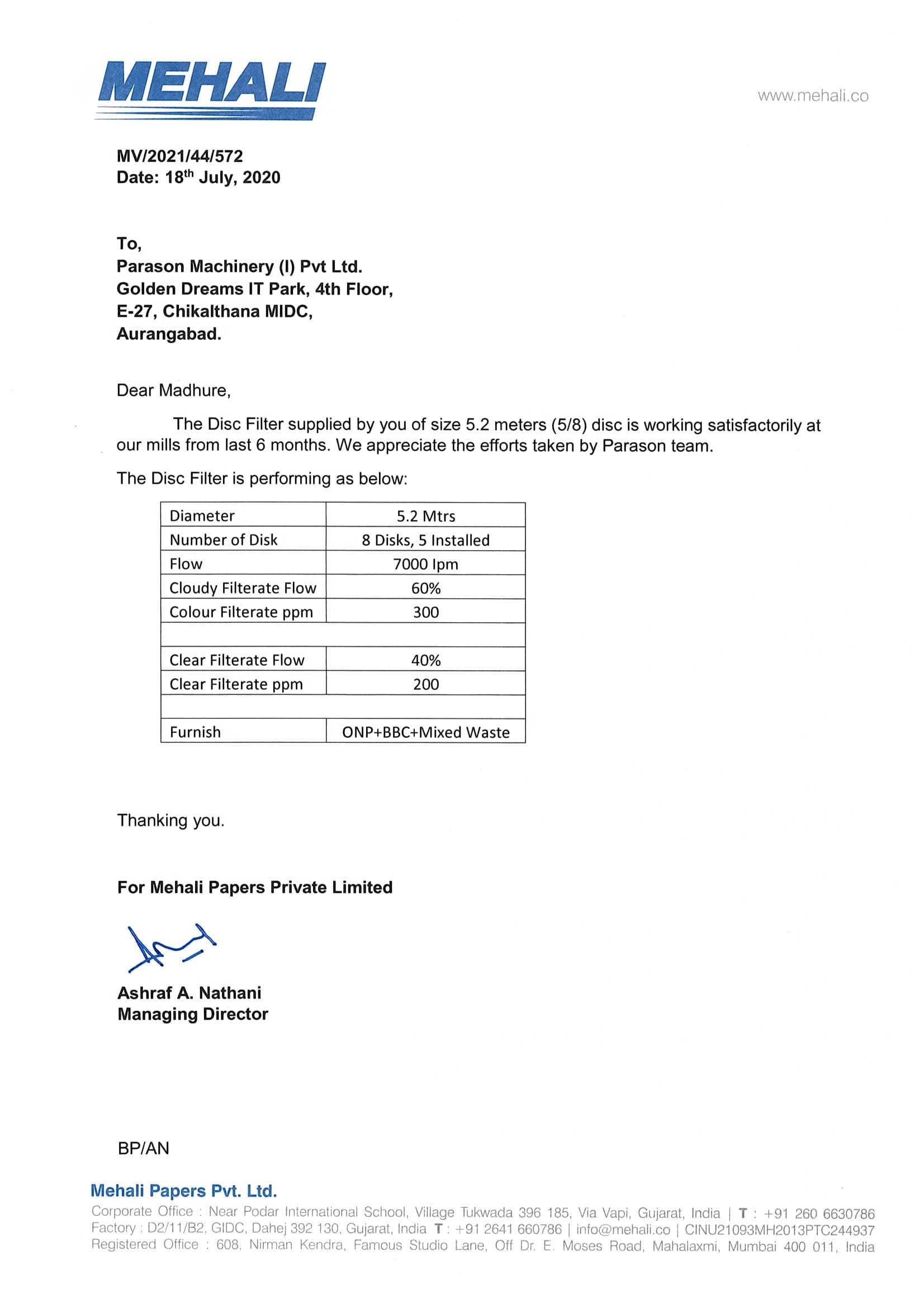 Mehali Papers Pvt. Ltd. appreciation letter